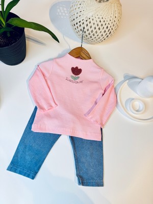 Baby Buu Kız Bebek Ribanalı Nakışlı Mevsimlik Uzun Kollu Üst ve Kot Tayt Takım