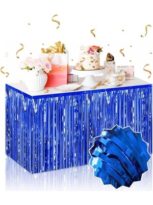 Marsilyan Kendinden Yapışkanlı Mavi Metalize Püsküllü Masa Eteği