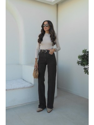 Havoş Acı Kahve Kemerli Yüksek Bel Jean