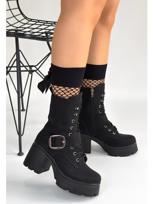 Erbilden Linma Siyah Nubuk Bağcıklı Topuklu Bot
