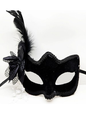 Marsilyan Siyah Süet Yandan Tüylü Incili Parti Maskesi