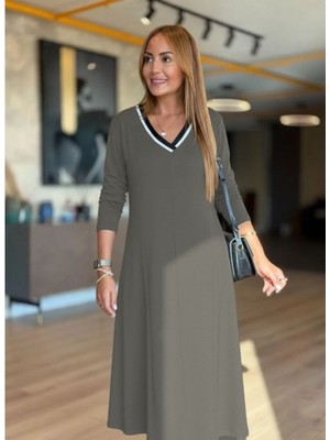 byasafkids Kadın Uzun Kollu V Yakalı Midi Çağla Yeşili Modal Elbise