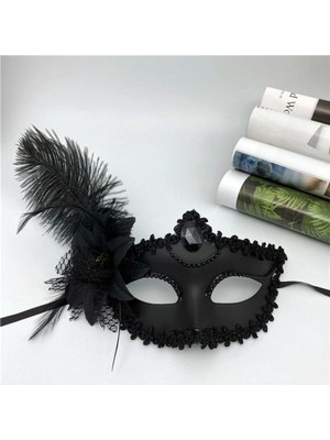 Marsilyan Siyah Mat Renk Yandan Tüylü Güllü Parti Balo Venedik Maskesi