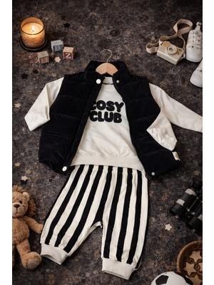Wow Colors Erkek Bebek Siyah Şişme Yelekli 3'lütakım Baskılı Sweatshirt&çizgili Pantolon