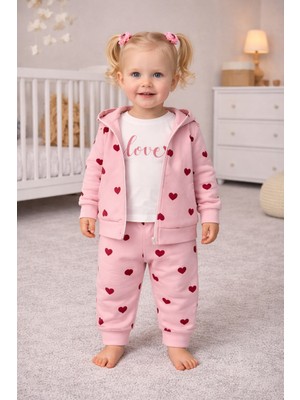 Baby Buu Kız Bebek Kalp Desenli 3'lü Badili Eşofman Takımı Pamuklu, Günlük Kullanım