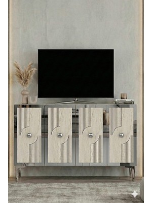 Ceneyra KA1216BTS PEGA120 Konsol, Kahve Köşesi ve Tv Sehpası 120CM Beyaz-Traverten-Silver