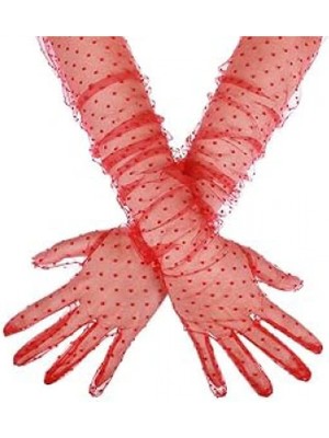 Marsilyan Uzun Boy Kırmızı Puantiyeli Kırmızı Renk Yetişkin Tül Eldiven