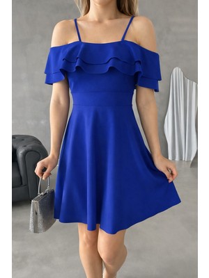 Cuyka Kadın Askılı Kruvaze Yaka Asimetrik Kesim Scuba Krep Elbise