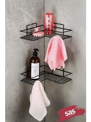 Shop A Way Yapışkanlı Ömür Boyu Paslanmaz Banyo Köşeliği Rafı Banyo Düzenleyici Şampuanlık Raf Siyah