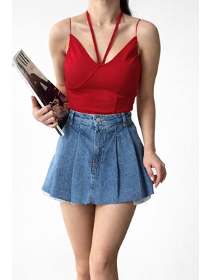 Cuyka Kadın Askılı Bağlama Detaylı Scuba Krep Bluz