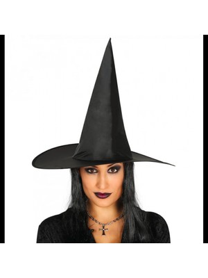 Marsilyan Yetişkin Boy Siyah Cadı Şapkası ve Uzun Siyah Cadı Peruğu