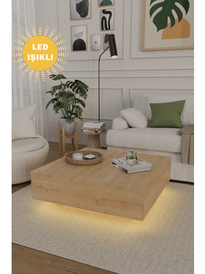 LED Işıklı Kullanışlı Uçan Kare Salon Orta Sehpa Yeni Nesil Modern Meşe Renk Küp Sehpa