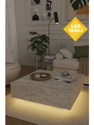 LED Işıklı Kullanışlı Uçan Kare Salon Orta Sehpa Yeni Nesil Modern Küp Sehpa Traverten Mermer Desen
