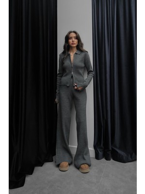 Havoş Antrasit Yırtmaç Detaylı Fermuarlı Triko Takım