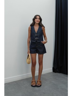Havoş Koyu Lacivert Kemer Detaylı Yelek Şort Denim Takım
