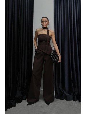 Havoş Kahverengi Kuşaklı Straplez Bluz Pantolon Takım