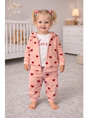 Baby Buu Kız Bebek Kalp Desenli 3'lü Badili Eşofman Takımı Pamuklu, Günlük Kullanım