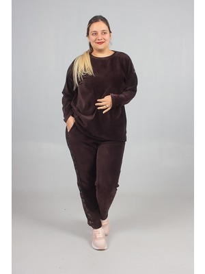 Truva Xxl Büyük Beden Omuz ve Paça Taşlı Kadife Eşofman Takımı – Premium Kalite Kahverengi