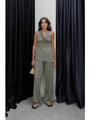 Havoş Haki Dökümlü Bluz Pantolon Modal Takım