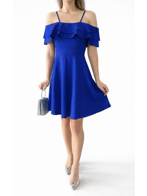 Cuyka Kadın Omuz Açık Askılı Fırfırlı Scuba Krep Elbise