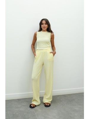 Havoş Sarı Dokulu Bluz Pantolon Takım