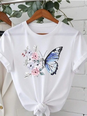 Eymora Kadın Günlük Çiçek ve Kelebek Baskılı Tişort