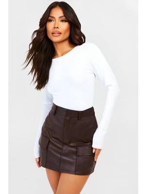 Slim Fit Suni Deri Mini Şort Etek Kahverengi