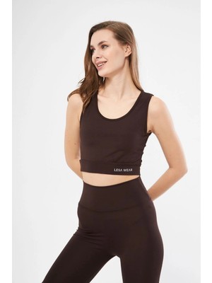 Velmora Fashion Kolsuz Sporcu Baskılı Crop - Kahve
