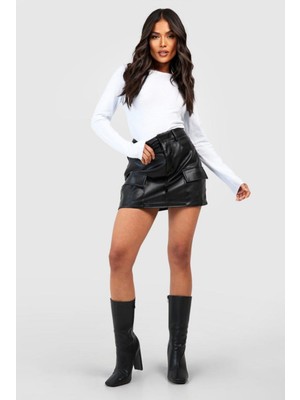 Slim Fit Suni Deri Mini Şort Etek Siyah