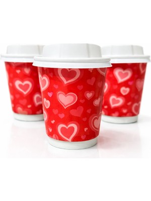 Dodo Pack 8 Oz Çift Katlı Kalpli Baskılı Kırmızı (Dw) 20 Adet Karton Bardak + 20 Adet Kapak