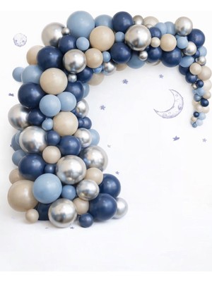 Peri Party Fırtına Mavi – Koyu Lacivert – Krem – Gümüş Balon Zinciri Seti | Smoke & Chrome Konsept 100LÜ
