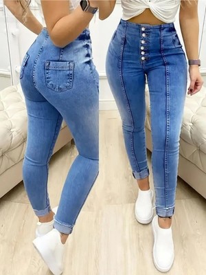 Stelol Kadın Yüksek Bel Önden Düğmeli Jean Pantolon