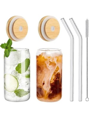 Shop A Way Cam Içecek Bardağı Seti, Bambu Kapaklı, 2 Adet Cam Pipet ve Temizleme Fırçası ile