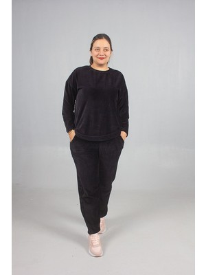 Truva Xxl Büyük Beden Omuz ve Paça Taşlı Kadife Eşofman Takımı – Premium Kalite Siyah