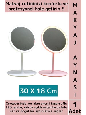 Wintoup Premium Profesyonel Ev Kuaför Kullanım Hediyelik Şık Yuvarlak LED Işıklı Makyaj Aynası 30 x 18 cm