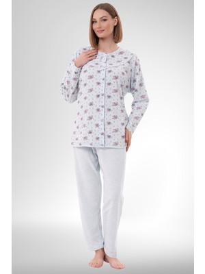 Mecit Pijama Mecit 6315 Mavi Kadın Boydan Düğmeli Büyük Beden Pijama Takımı