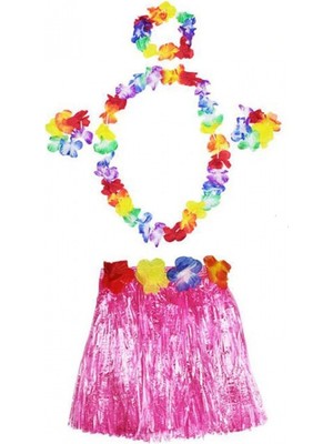 Marsilyan Hawaii  Kolye Etek Taç ve Bileklik Seti Pembe