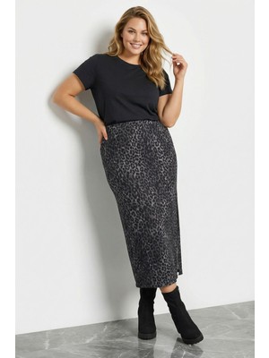 Stil Diva Büyük Beden Leopar Desenli Yırtmaçlı Kalem Etek 160379