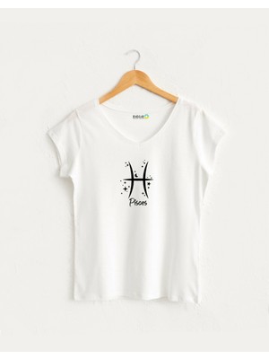 Kidilia Balık Burcu Tasarımlı Kadın V Yaka %100 Pamuklu T-Shirt