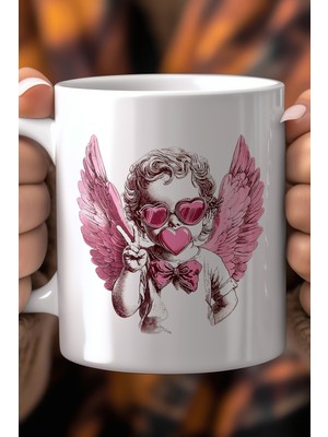 Aşk Temalı Kanatlı Melek Desenli 330ML Baskılı Beyaz Seramik Kupa Bardak