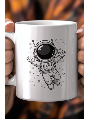 Astronot Uzay Temalı 330ML Baskılı Beyaz Seramik Kupa Bardak
