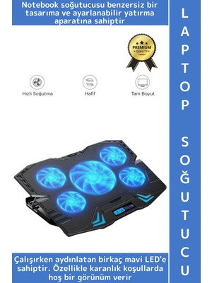 Wintoup Premium Süper Güçlü 5 Fan Notebook Dizüstü Bilgisayar Rgb Işıklı Ayarlanabilir Laptop Soğutucu Fan