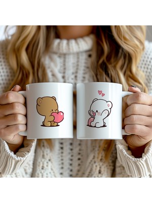 Sevgililere Özel Hediyelik 2'li Sevimli Ayıcık Desenli 330ML Baskılı Beyaz Seramik Kupa Bardak