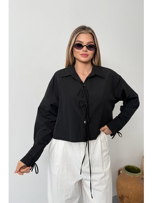 Giysa Kadın Bağlama Detaylı Uzun Kollu Crop Gömlek Siyah - 2022