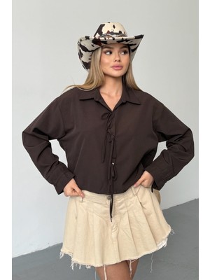 Giysa Kadın Bağlama Detaylı Uzun Kollu Crop Gömlek Kahverengi - 2022
