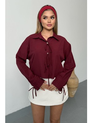 Giysa Kadın Bağlama Detaylı Uzun Kollu Crop Gömlek Bordo - 2022