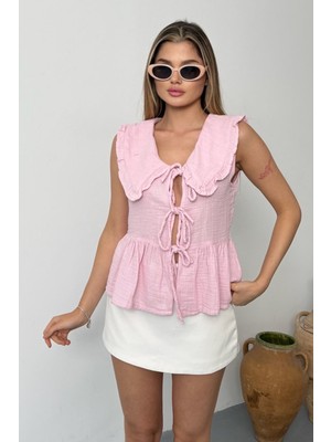 Jee Lee Kadın Bağlama Detaylı %100 Pamuklu Bluz Pembe - 26Y 1041