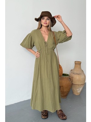 Jee Lee Kadın Bağlama Detaylı %100 Pamuklu Uzun Elbise Yeşil - 26Y 3008