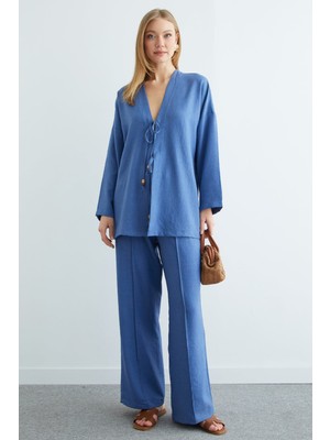 FullaModa Önü Bağlamalı Keten Kimono 2 Li Takım