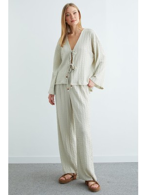 FullaModa Önden Bağlamalı Dokulu Kimono 2 Li Takım